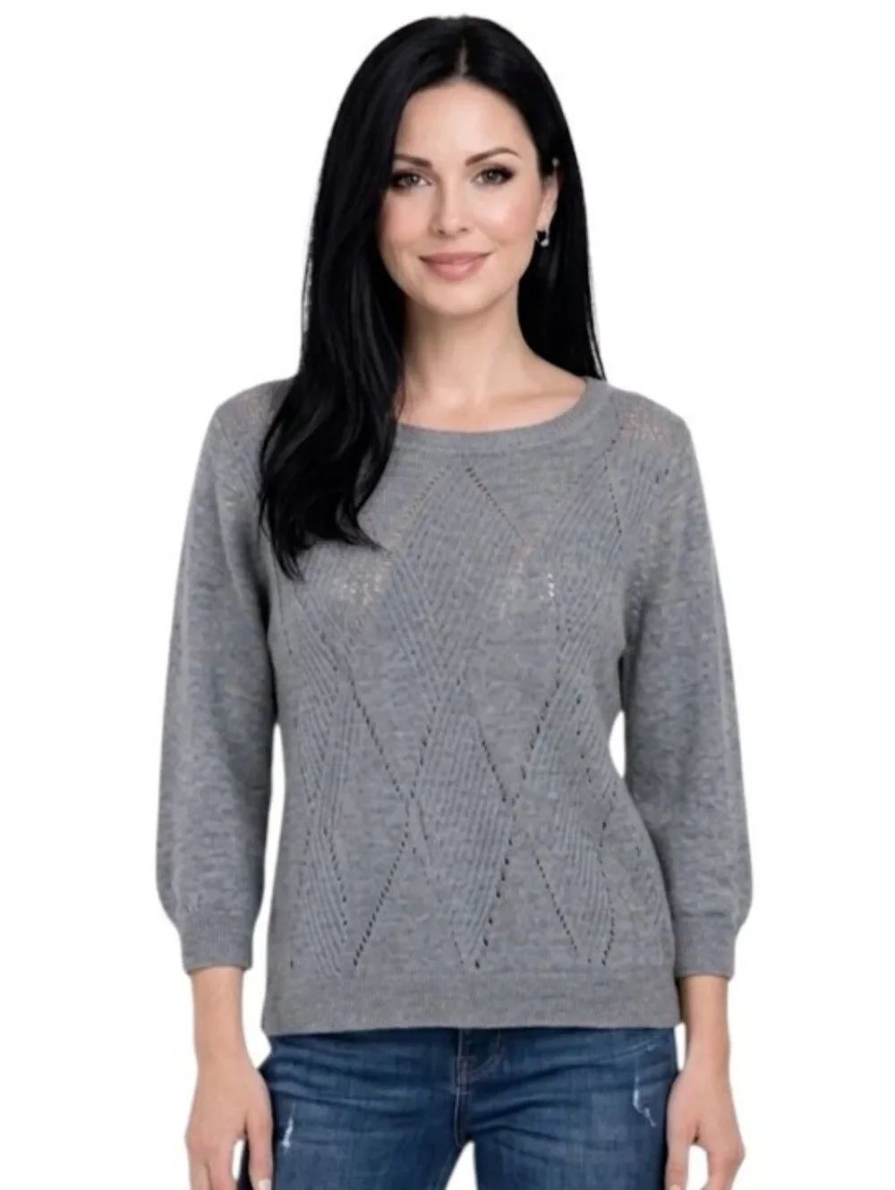 Roz & Ali Gray Argyle Pattered Crew Neck Quarter Sleeve Sweater Size M